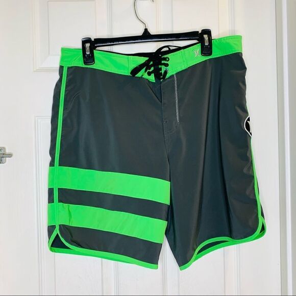 Hurley Phantom Gray Green Striped Unlined Drawstring Board Shorts Size Large - Picture 1 of 9